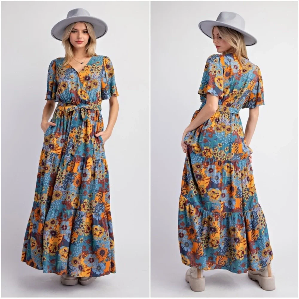 NWOT Easel Boho Floral Maxi Dress - Blue and Orange - Picture 3 of 3